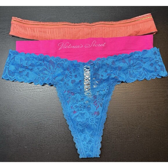 Victoria’s Secret 3 Pc Underwear Lot Thongs Sz Medium Blue Orange Pink NWT #1247 - Picture 1 of 6